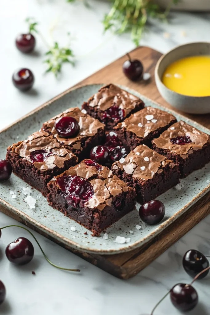 A plate of delicious roasted cherry brownies topped with fresh cherries.