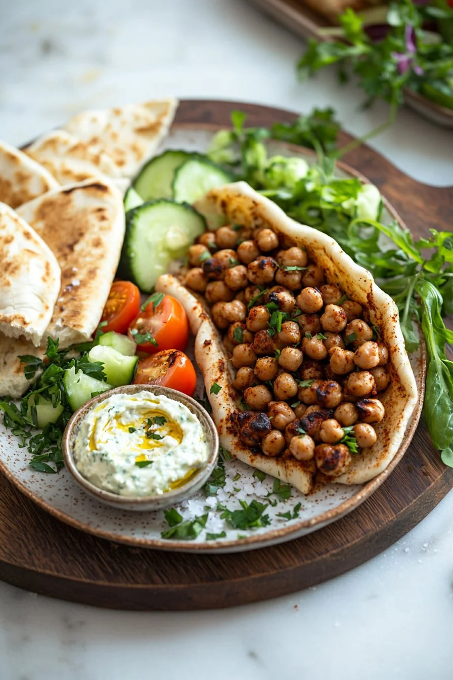 Delicious Roasted Chickpea Gyros served with fresh vegetables and sauce