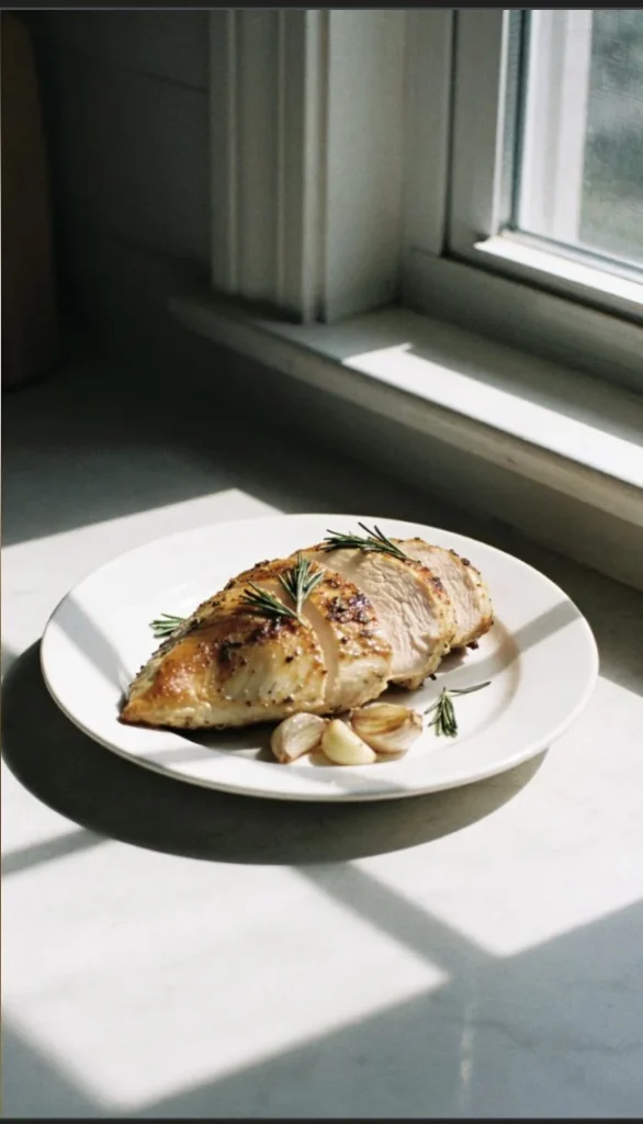 Rosemary garlic roasted turkey breast, beautifully cooked and garnished.