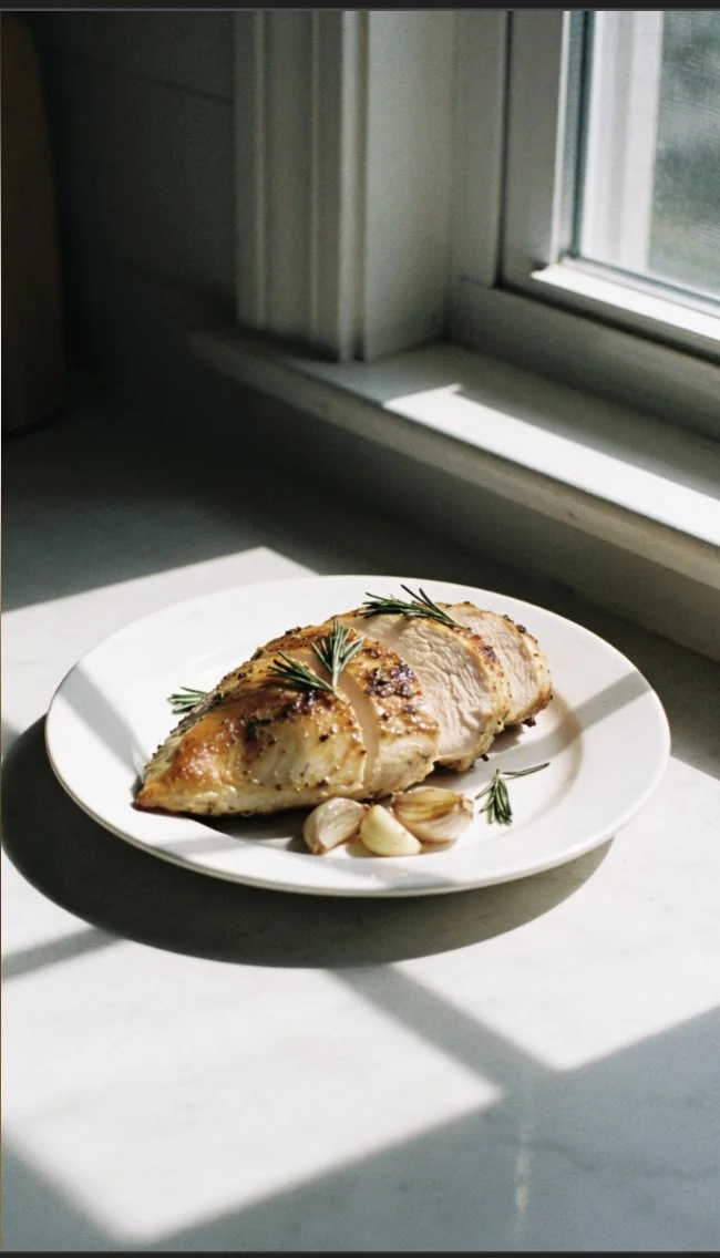 Rosemary garlic roasted turkey breast, beautifully cooked and garnished.