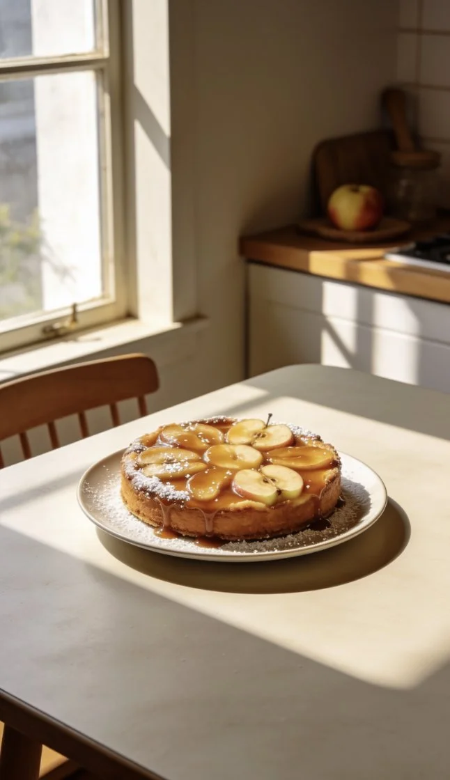 Delicious Salted Caramel Apple Cake served on a rustic wooden table