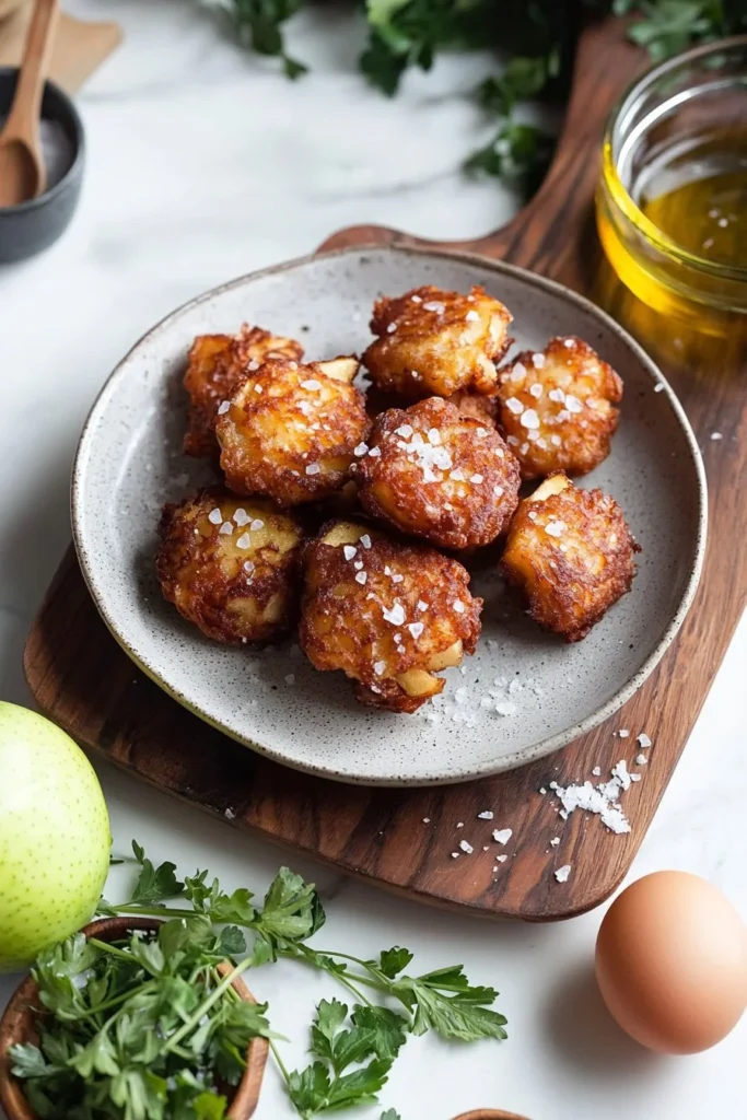 Delicious salted Honey Crisp fritters served on a plate, garnished with honey drizzle.