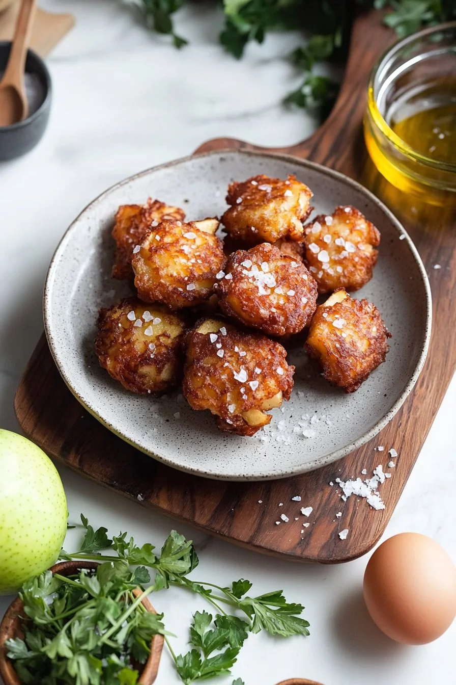 Delicious salted Honey Crisp fritters served on a plate, garnished with honey drizzle.