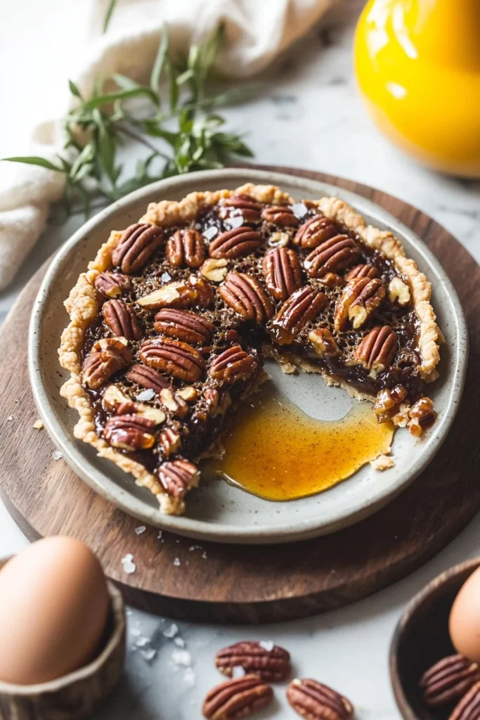 Salted maple pecan pie bars topped with caramel drizzle and pecan pieces