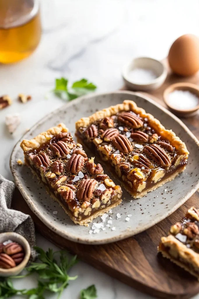 Delicious salted maple pecan pie bars on a plate, ready to enjoy.