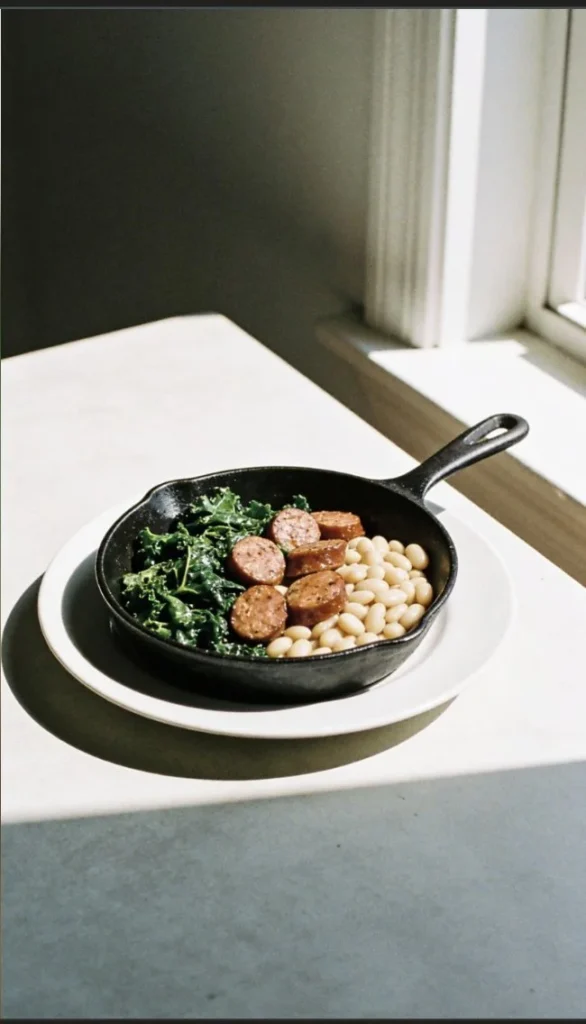 Sausage and Kale Skillet stir-fry in a cast iron pan.
