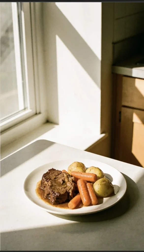 Delicious slow cooker pot roast with vegetables and gravy served on a plate.