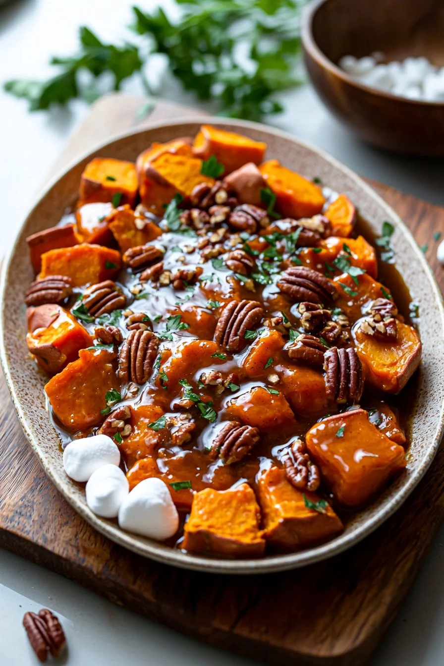Delicious Southern Maple Sweet Potato Casserole topped with crunchy pecans.