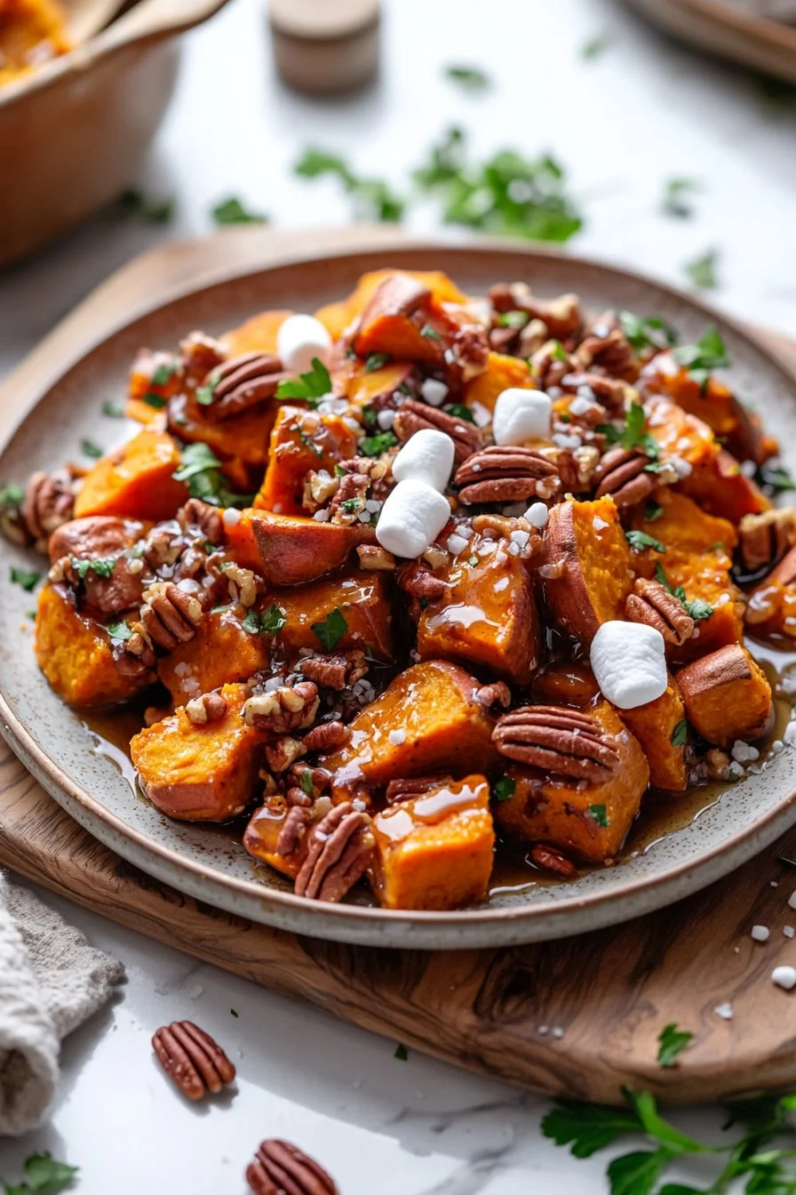 Southern Maple Sweet Potato Casserole topped with pecans and marshmallows