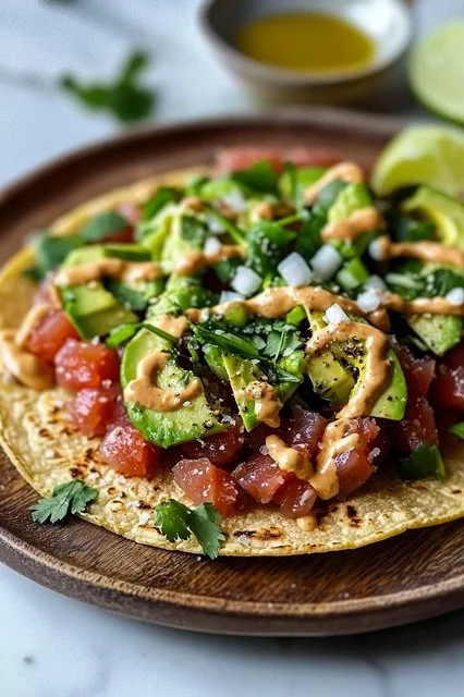 Spicy tuna tartare tostada drizzled with chipotle mayo on a colorful plate