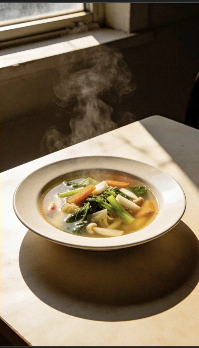 Bowl of Thai Coconut Vegetable Soup with fresh vegetables and herbs