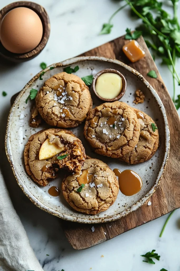 Delicious caramel apple cookies with caramel drizzles and apple chunks