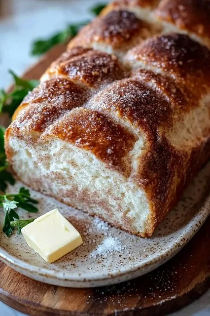 Freshly baked cinnamon sugar sourdough bread loaf on a kitchen table