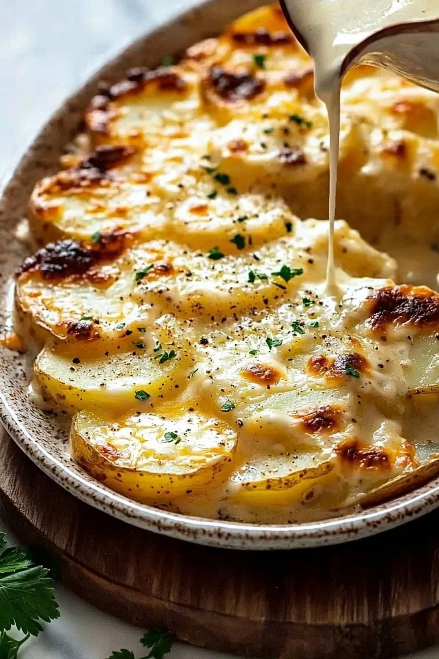 Creamy and cheesy scalloped potatoes baked to perfection