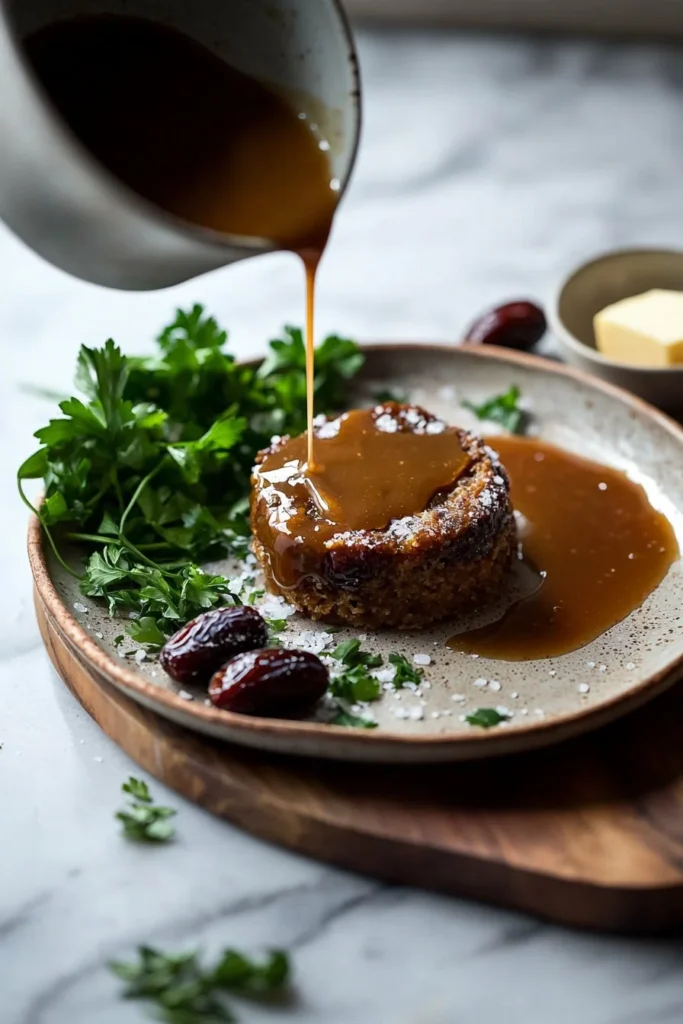 Delicious sticky toffee pudding topped with rich sauce