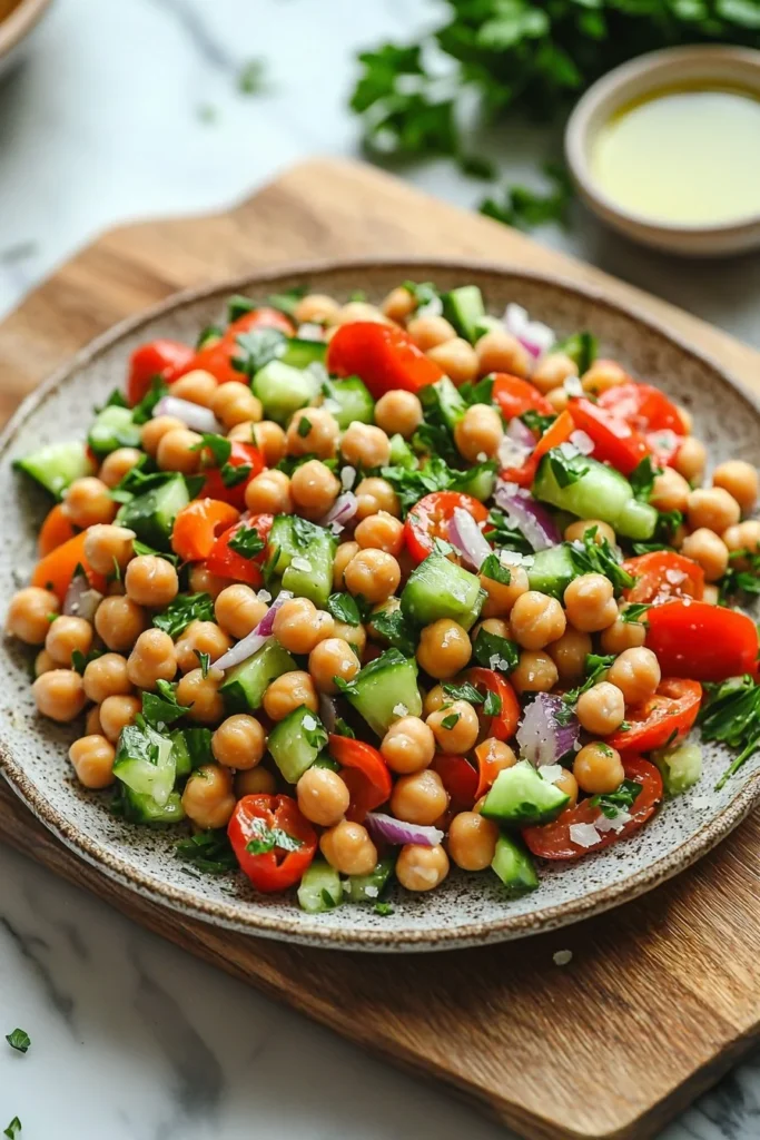 Colorful Turkish Chickpea Salad with vegetables and herbs in a bowl