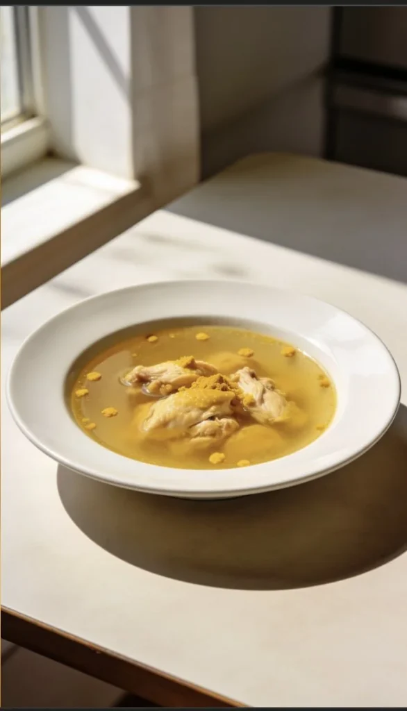 Bowl of turmeric chicken soup with herbs and spices on a wooden table