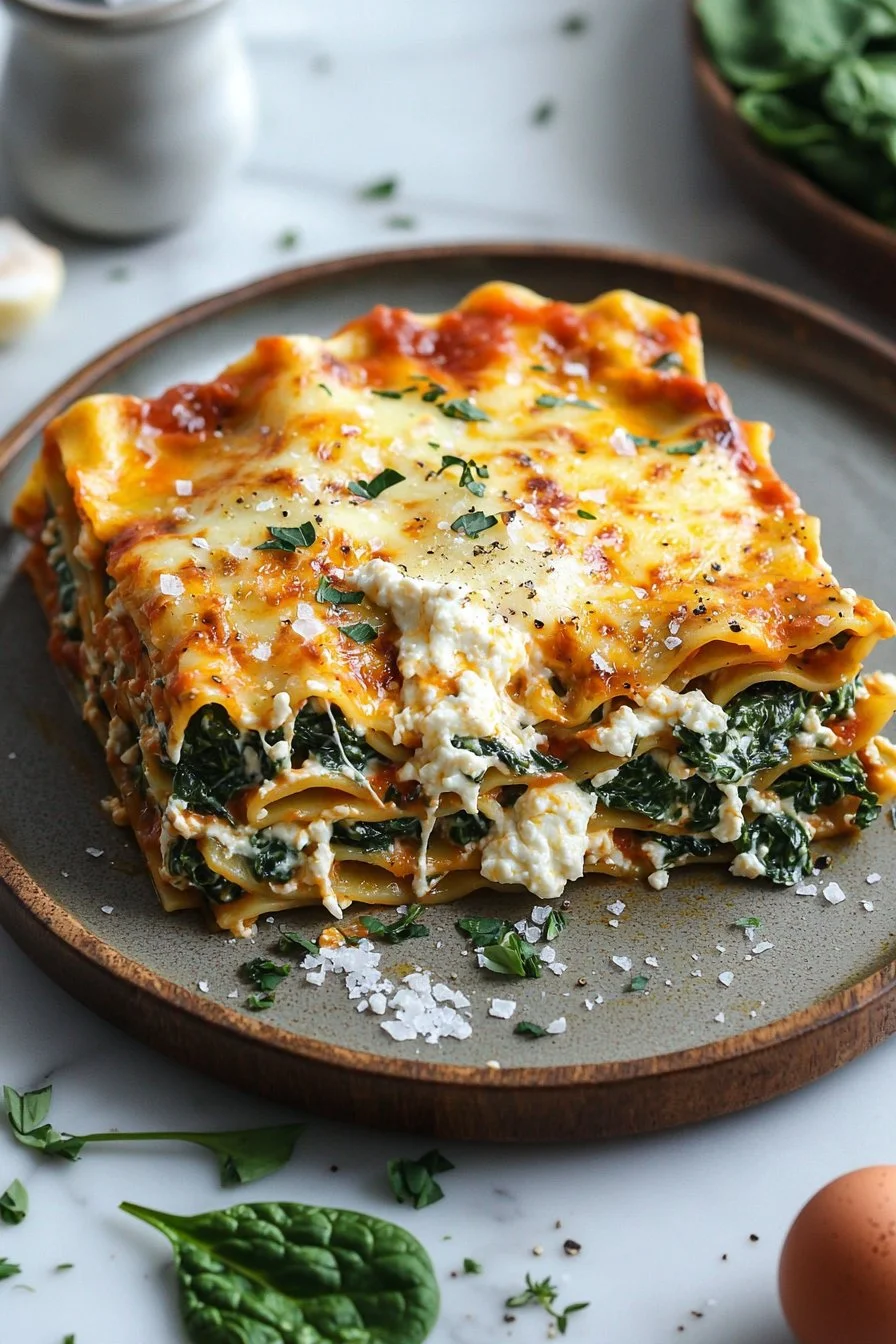 Delicious vegetarian lasagna with spinach and ricotta served on a plate