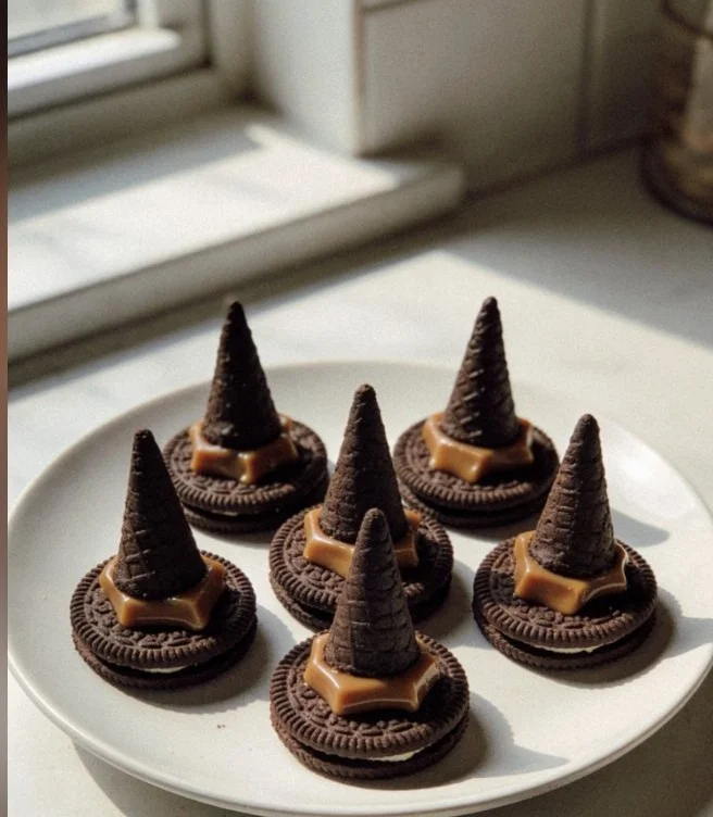 A plate of delicious Witch Hat Cookies decorated for Halloween
