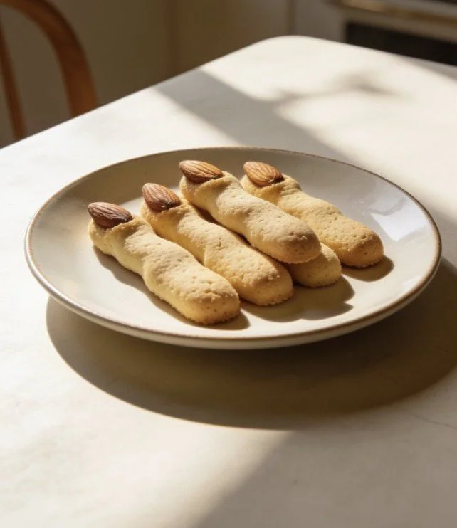Spooky Witches' Finger Cookies decorated with almonds and food coloring.