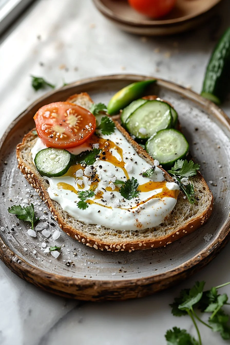 Yogurt sandwich with fresh vegetables and herbs, a healthy meal option
