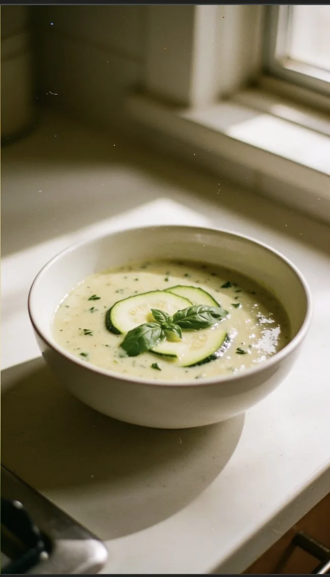 Delicious bowl of zucchini basil soup topped with fresh basil leaves.