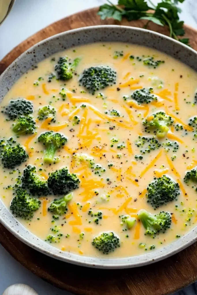 Creamy broccoli cheddar soup served in a bowl with bread on the side