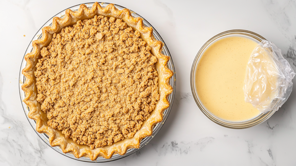 Baked pie crust in a clear glass pie dish covered with peanut butter crumble, next to a bowl of vanilla custard