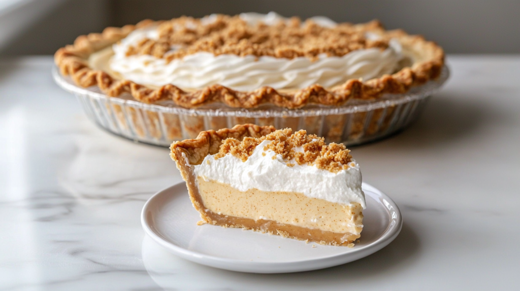 Slice of Amish peanut butter cream pie on a white plate in front of the whole pie in a clear glass pie dish