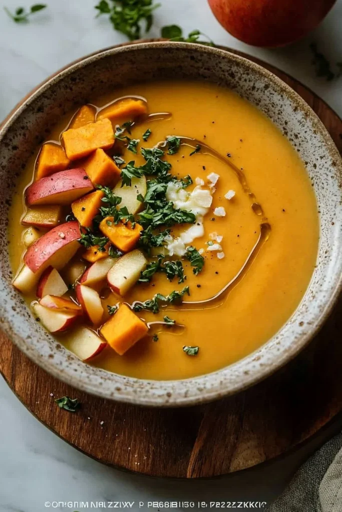 Bowl of Apple Cheddar Sweet Potato Soup with fresh ingredients on a wooden table.