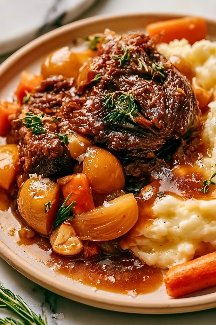 Slow cooked apple cider pot roast with garlic mashed potatoes