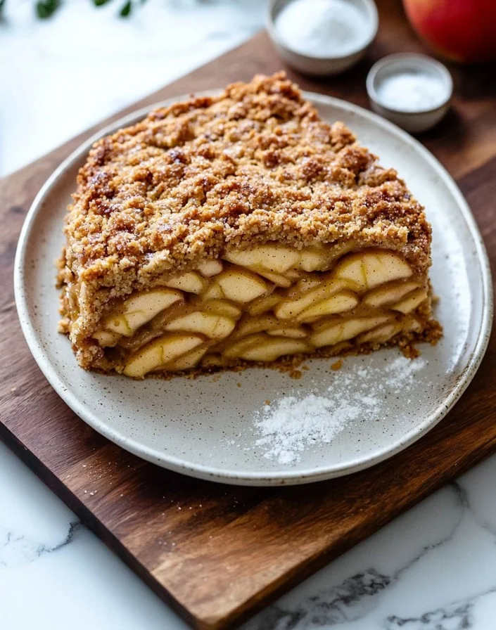 Slices of apple pie cake with layers of spiced apples and soft crumb texture