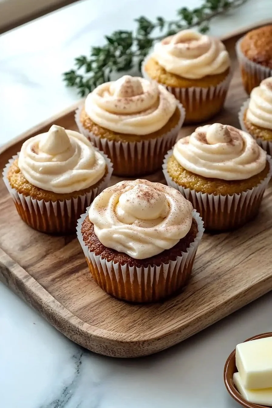 Apple pie cupcakes with cinnamon frosting on a decorative plate