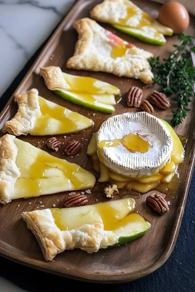 Baked Apple Brie appetizer topped with sliced apples and nuts
