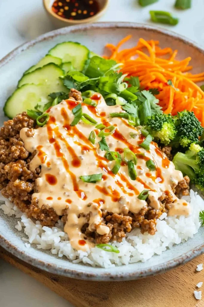 Bang Bang Ground Turkey Rice Bowl served in a colorful dish
