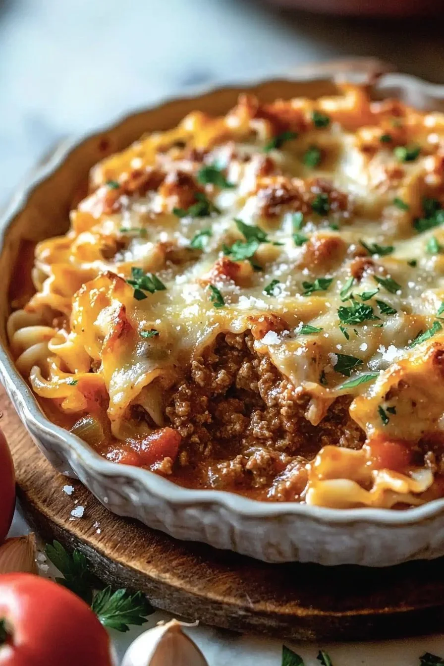 Delicious Beef Lombardi Casserole topped with cheese and herbs