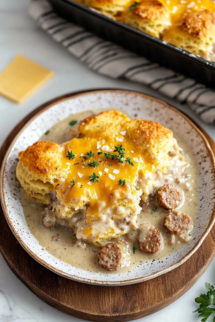 Delicious Biscuits and Gravy Casserole baked in a dish, ready to serve.