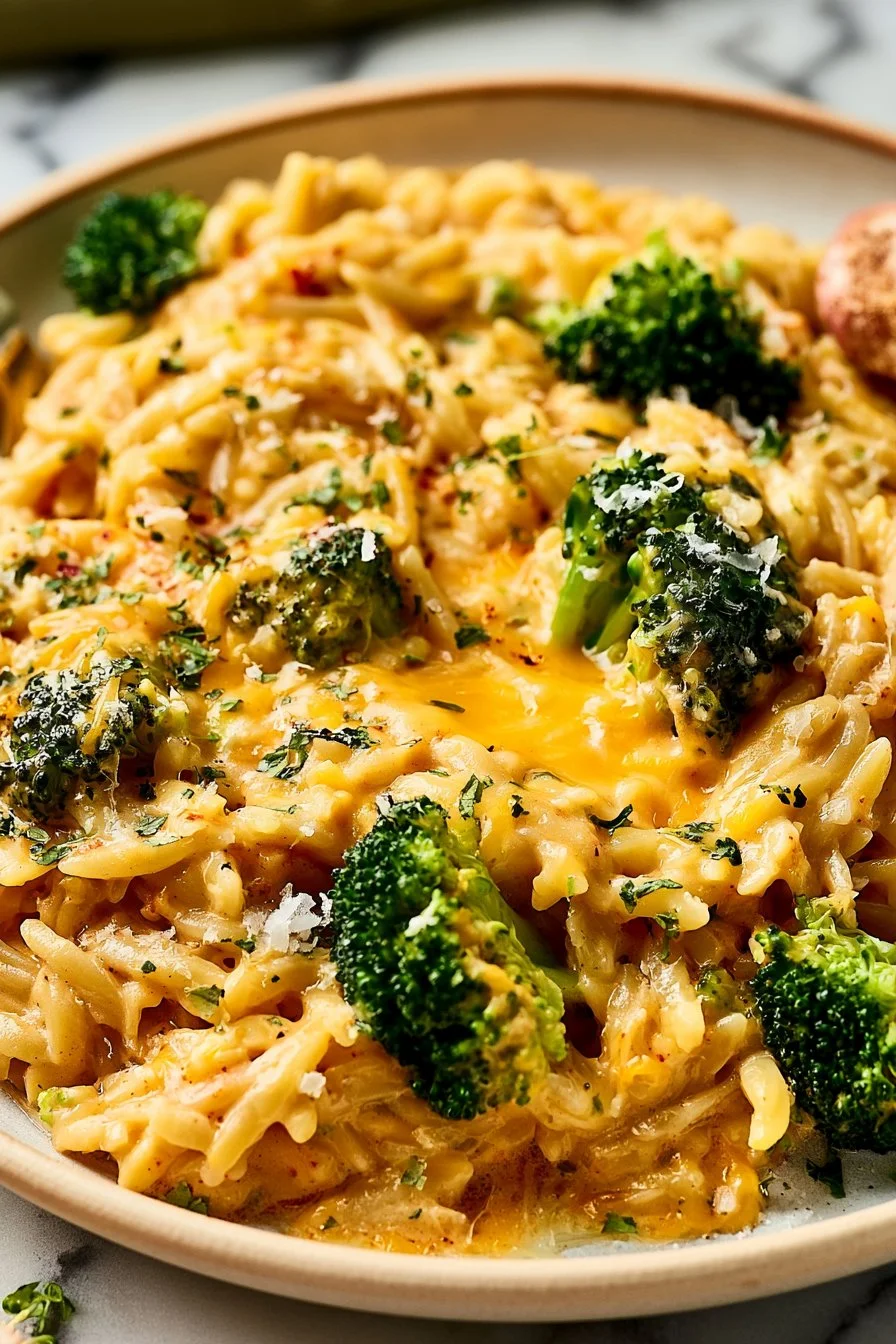One pot creamy broccoli cheddar orzo meal ready to serve