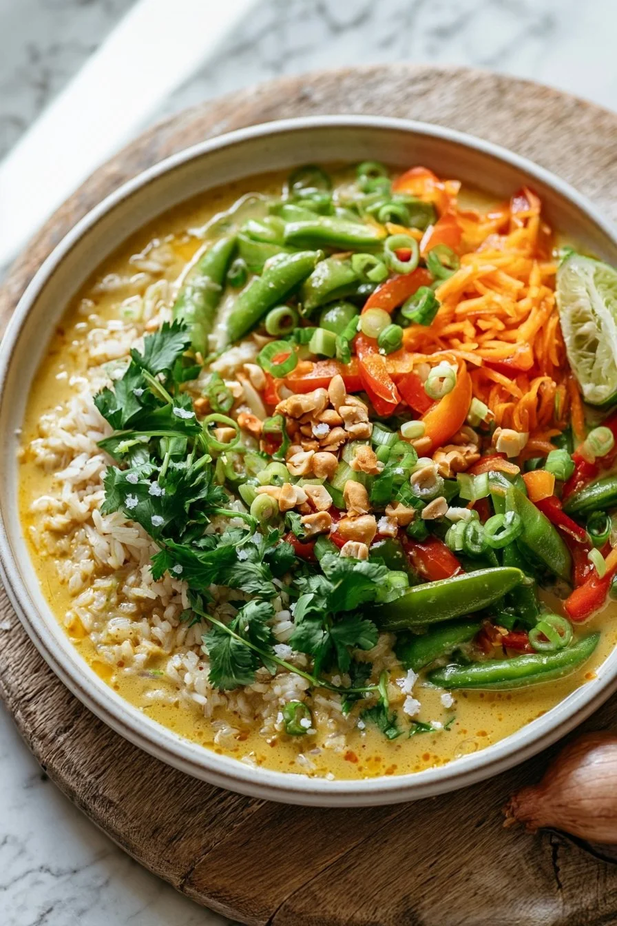 Brothy curry rice bowl with coconut milk and vibrant crisp vegetables.