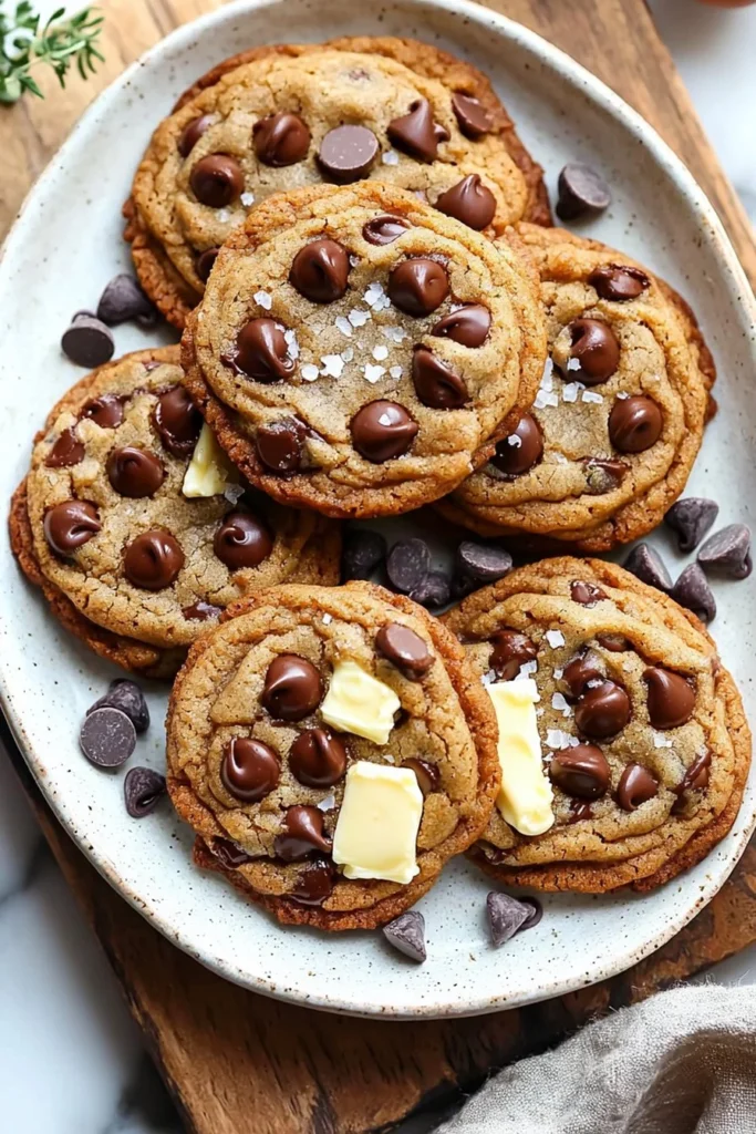 Freshly baked brown butter chocolate chip cookies on a cooling rack