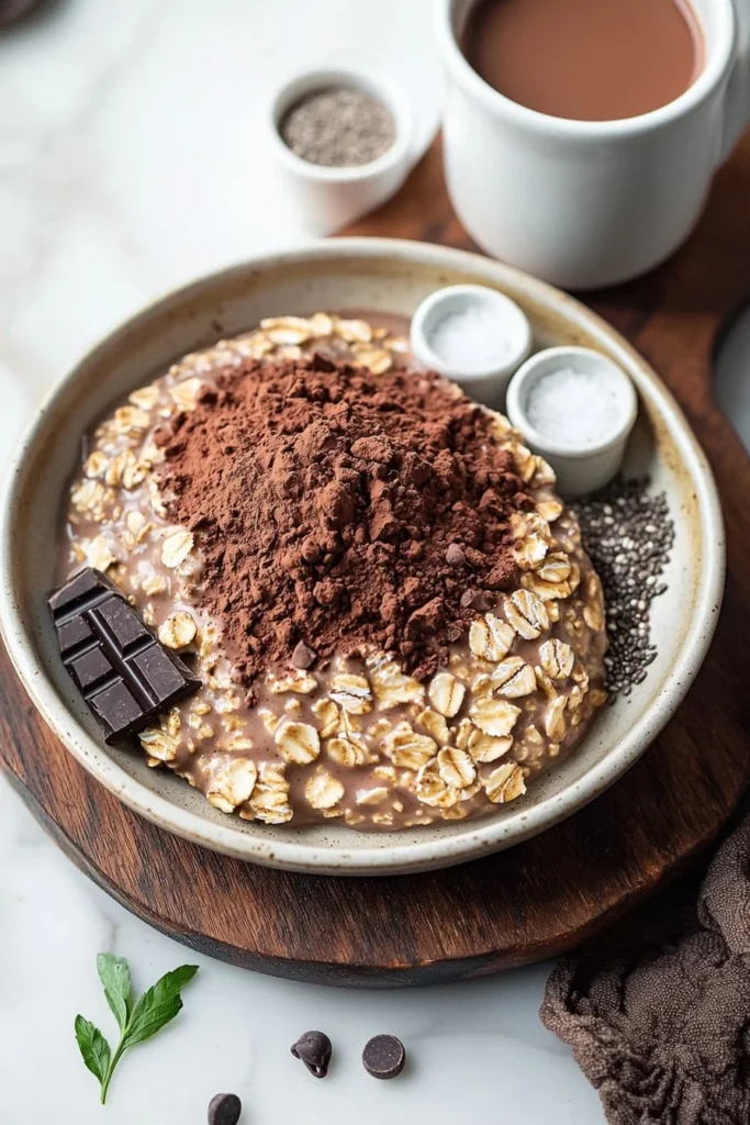 Brownie batter overnight oats topped with chocolate and nuts in a jar