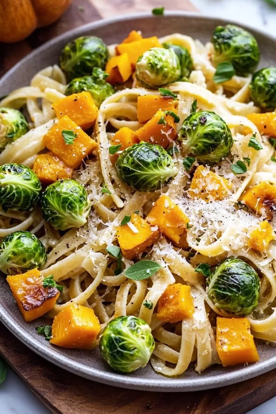 Brussels sprouts and butternut squash pasta served in a bowl with herbs