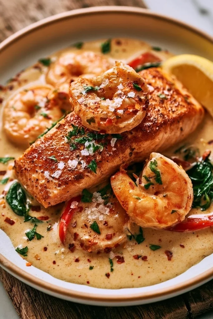 Cajun salmon with shrimp in creamy Cajun sauce served on a plate