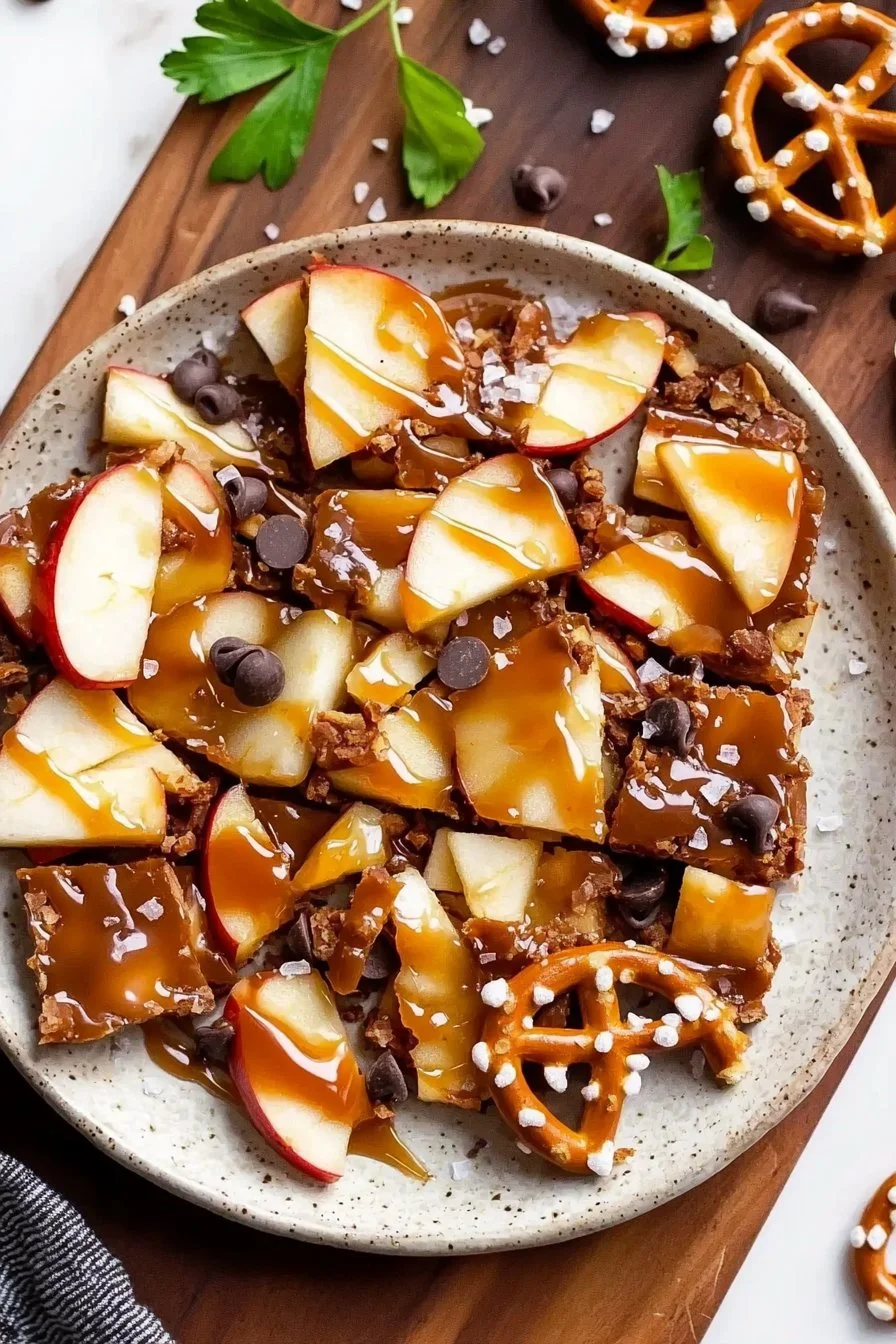 Delicious Caramel Apple Bark with Pretzels on a wooden table