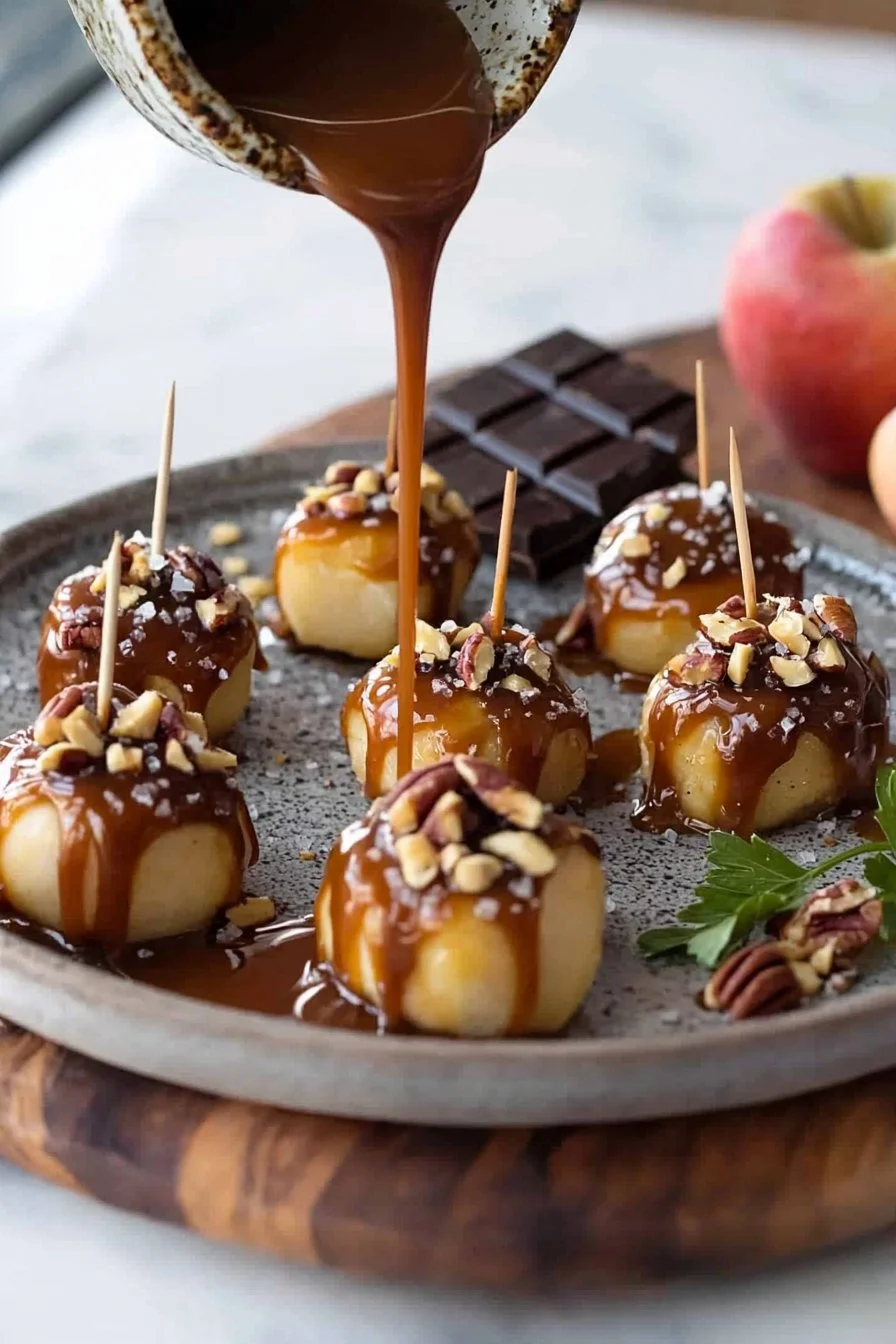 Delicious caramel apple bites drizzled with rich caramel sauce