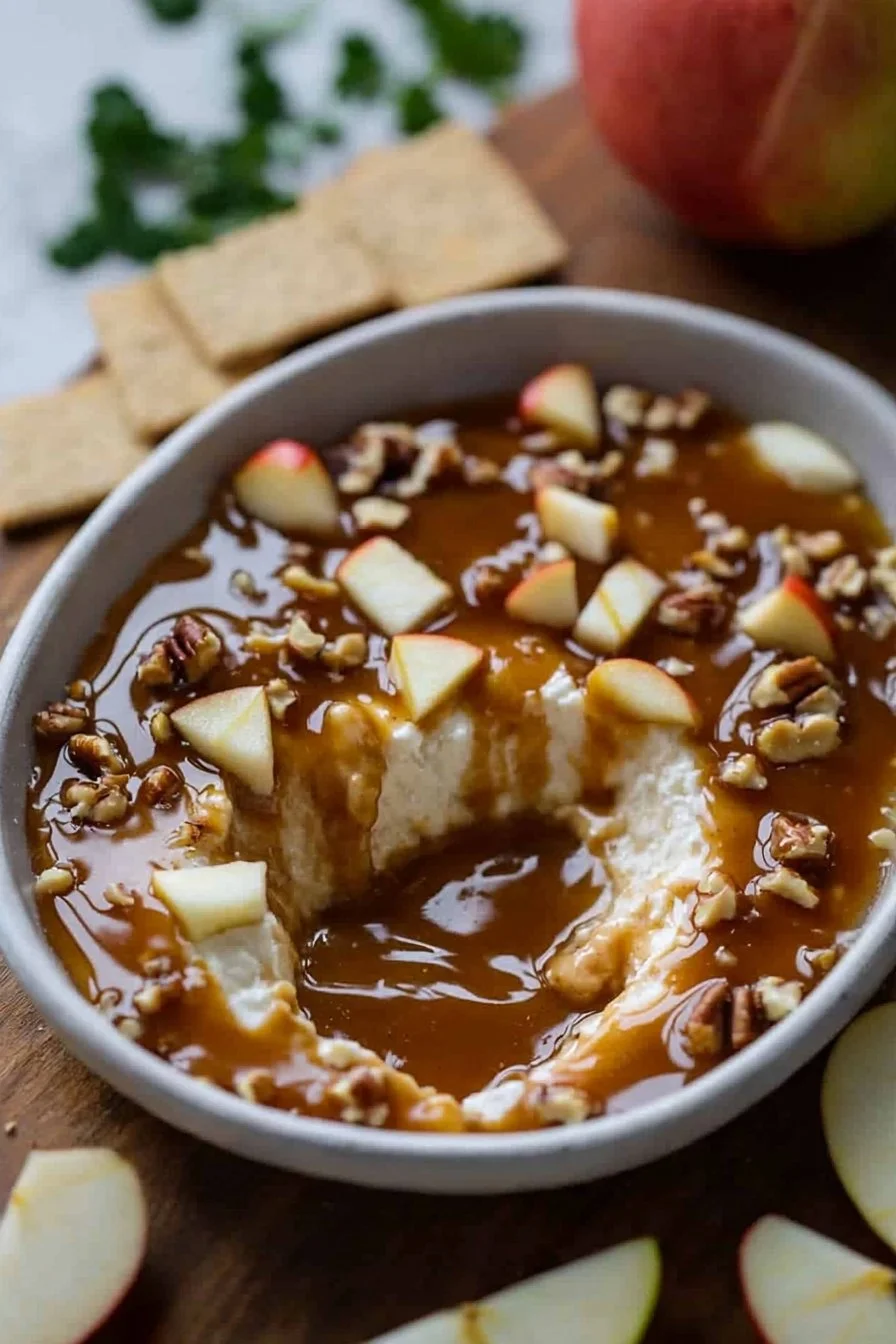 Delicious Caramel Apple Cheesecake Dip served in a bowl with apple slices
