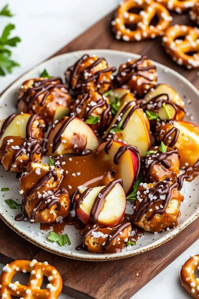 Delicious Caramel Apple Pretzel Bites drizzled with caramel sauce