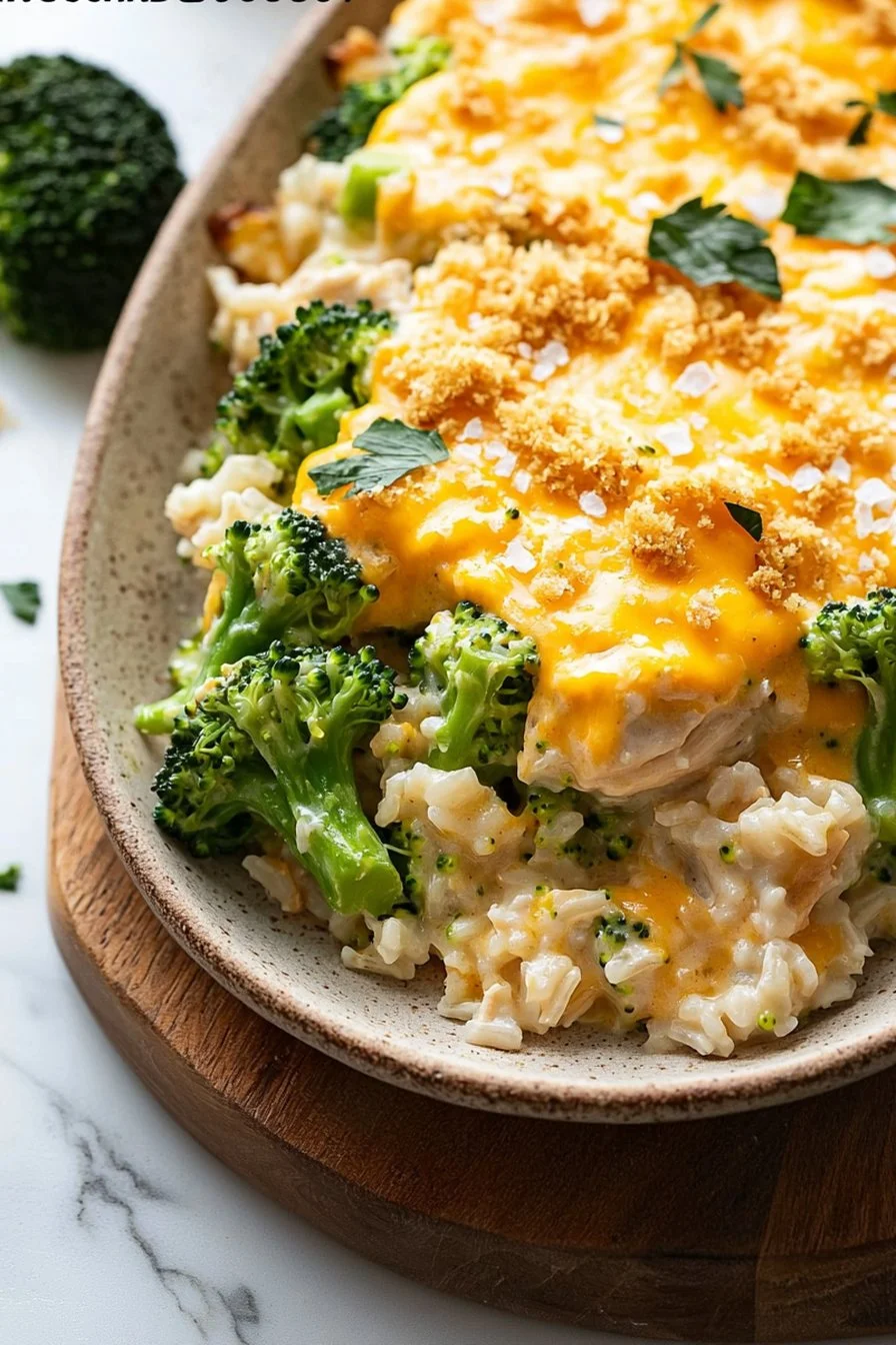 Cheesy broccoli chicken and rice casserole in a baking dish