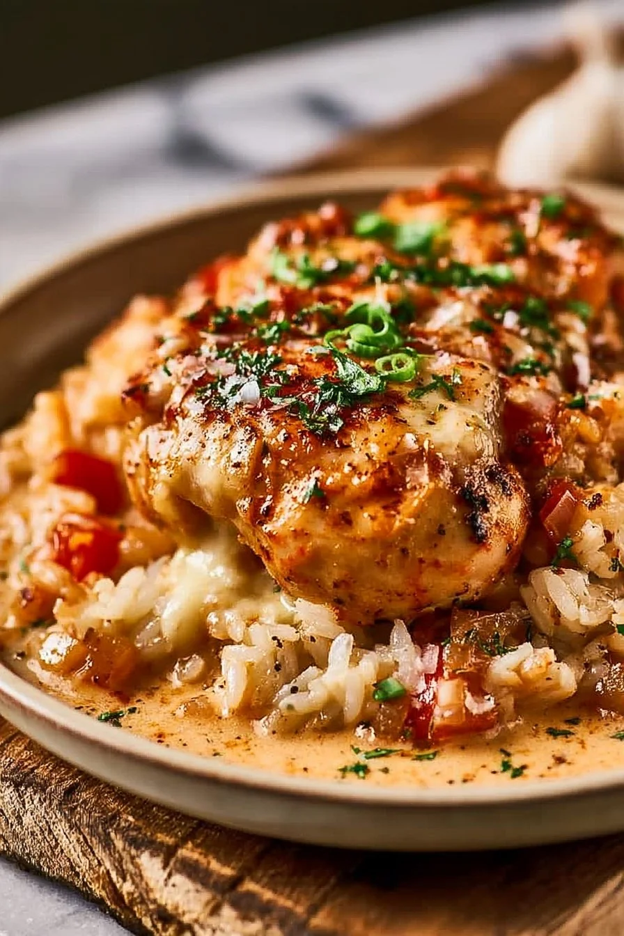Cheesy Cajun Chicken and Rice Bake with Garlic Parmesan Cream Sauce