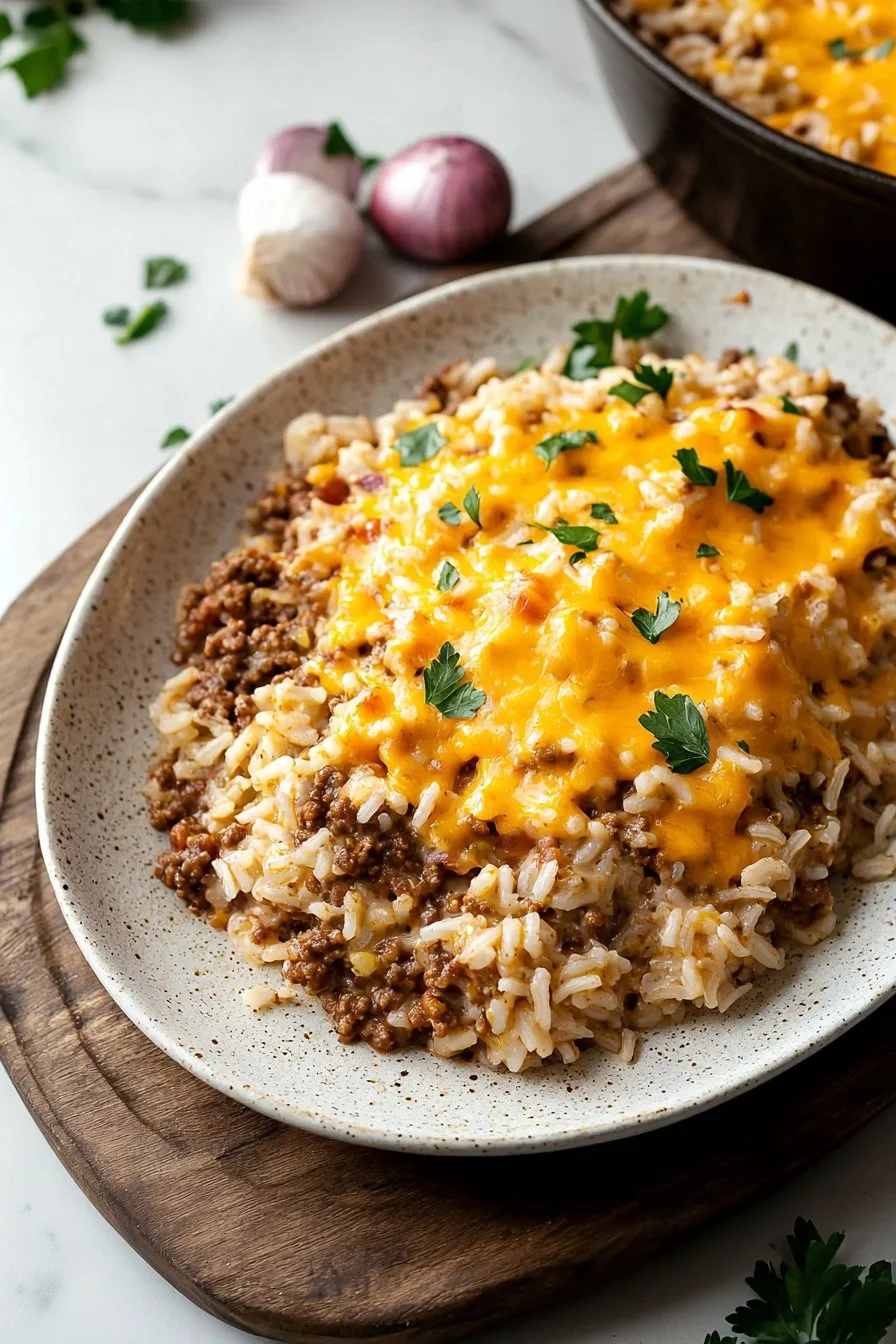 Cheesy ground beef and rice casserole in a baking dish, ready for serving.